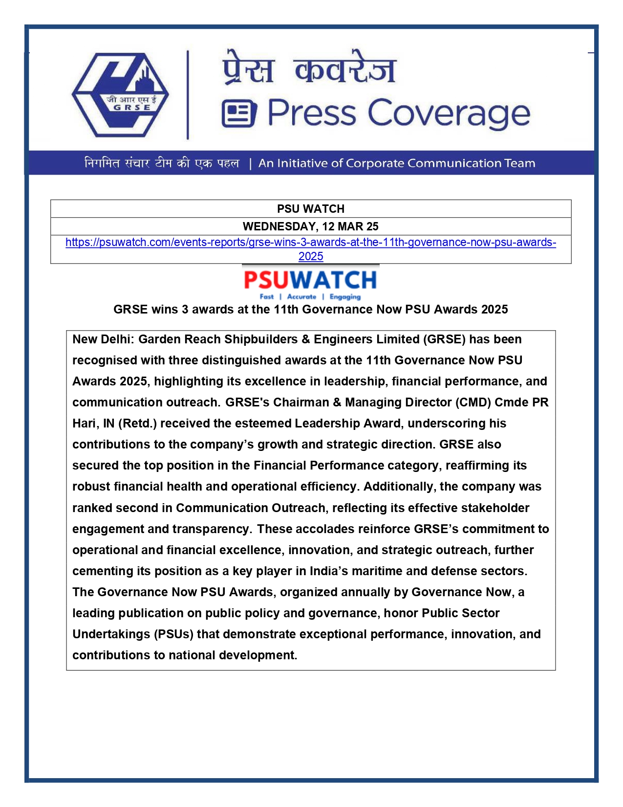 Press Coverage :GRSE Viksit Bharat - Developing New India by Shaping the Future Trends